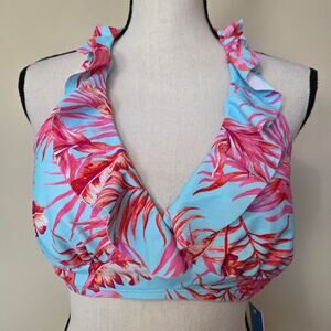NWT Cupshe L 1 Pc Tropical Bikini Halter Top Ruffle V-Neck Tie Back Blue Pink